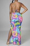Blue Red Sexy Printing Backless Cross Condole Belt Strapless Slim Fitting Long Dress P8725
