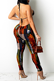 Dark Brown Summer Sexy Condole Belt Printing Backless Strapless Hollow Out Bodycon Jumpsuits P8742-1