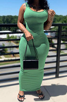 Green Women Solid Color Sleeveless Joker Tight Long Dress AD0801-3