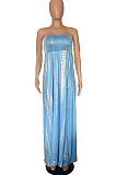 Light Blue Summer New Cotton Blend Printing Loose Backless Long Dress P8723-2
