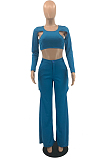 Peacock Blue Casual Pure Color Hollow Out Long Sleeve Round Neck Crop Blouse High Waist Zippet Wide Leg Pants Two-Piece PQ8057-3