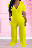 Black Women Pure Color Deep V Neck Short Sleeve Fashion  Wide Leg Jumpsuits ED8517-3