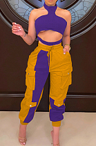 Purple New Wholesal Halter Neck Straless Spliced Hollow Out Crop Top Casual With Pocket Pants Two-Piece SZS8159-1