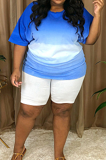 Blue Big Yards Gradient Short Sleeve Round Neck T-Shirts Shorts Casual Two-Piece P8719-2