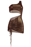 Brown Women Solid Color Shirred Detail One Shoulder Crop Mini Dress ED8504-2