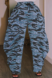 Blue Loose Mid Waist Fashion Casual Multicolor Camo Long Pants AYA7026-3