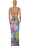 Blue Red Sexy Printing Backless Cross Condole Belt Strapless Slim Fitting Long Dress P8725