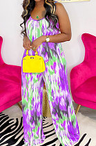 Purple Green Women Trendy Printing Tie Dye Condole Belt Loose Casual Jumpsuits AMN8019-2