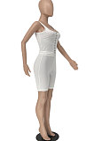 White Solid Color Bodycon Simplee Condole Belt  Shorts Sets BE8045-1