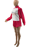 Purple Cotton Blend Spliced Letter Printing Long Sleeve Stand Collar Zippet T-Shirt Shorts Sports Sets SZS9041-5