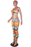 Orange Women Digital Print Condole Belt Strapless Hollow Out Drawsting Bodycon Jumpsuits SZS8155-1