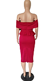 Red Elegant Fashion A Wrod Shoulder Slim Fitting Ruffle Top Tight Slit A Line Skirts Sets A8402-1