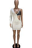 White Women Trendy Spliced Sequins Single Sleeve Mini Dress CY11090-1