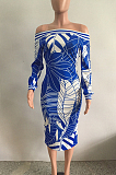 Yellow Fashion Printing Long Sleeve A Wrod Shoulder Collcet Waist Long Dress A8241-2