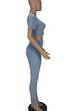 Light Blue Women Ribber Pure Color Short Sleeve Split Pants Sets QMQ7060-1