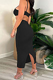 Black Women Sexy Fashion Ribber Condole Belt Solid Color Dew Waist Split Long Dress GLS8172-3