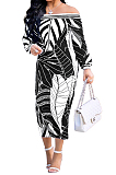 Blue Fashion Printing Long Sleeve A Wrod Shoulder Collcet Waist Long Dress A8241-5
