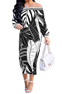 Black Fashion Printing Long Sleeve A Wrod Shoulder Collcet Waist Long Dress A8241-7