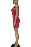 Rose Red Women Pure Color Sleeveless Spliced Sexy Round Neck Mini Dress QMQ7056-1