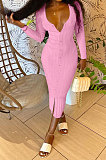 Black Women Solid Color Long Sleeve V Neck Single-Breasted Long Dress QMQ7063-3