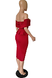 Black Elegant Fashion A Wrod Shoulder Slim Fitting Ruffle Top Tight Slit A Line Skirts Sets A8402-2