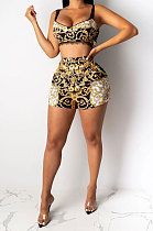 Black Women Condole Belt Tank Sexy Printing Lace Shorts Sets CY1197-2