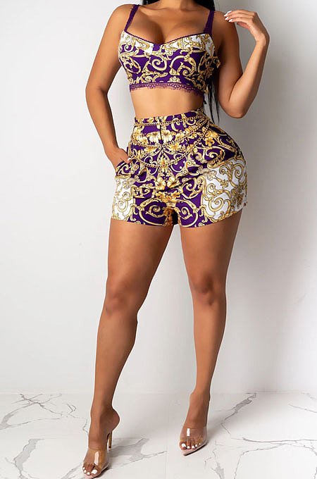 Purple Women Condole Belt Tank Sexy Printing Lace Shorts Sets CY1197-1
