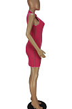 Rose Red Women Pure Color Sleeveless Spliced Sexy Round Neck Mini Dress QMQ7056-1