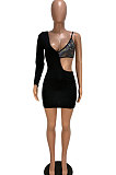 Black Women Trendy Spliced Sequins Single Sleeve Mini Dress CY11090-2