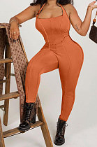 Orange Euramerican Women Solid Color Condole Belt Bandage Bodycon Jumpsuits QMQ7062-3