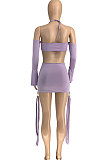 Light Purple Women Fashion Casual Pure Color Condole Belt Backless Mid Waist Mini Dress GLS7025-1