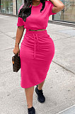 Orange Women Pure Color Short Sleeve Round Neck Bandage Split Skirts Sets QMQ7061-2