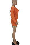 Orange Euramerican Solid Color Single-Breasted Hoodie Pocket Long Sleeve Skirts Sets QMQ7059-1