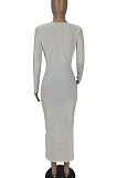 White Women Solid Color Long Sleeve V Neck Single-Breasted Long Dress QMQ7063-1