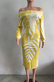 Blue Fashion Printing Long Sleeve A Wrod Shoulder Collcet Waist Long Dress A8241-5