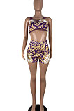 Purple Women Condole Belt Tank Sexy Printing Lace Shorts Sets CY1197-1