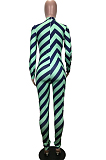 Green Fashion Positioning Stripe Printing Long Sleeve Round Neck Slim Fitting Bodycon Jumpsuits YG1061-3