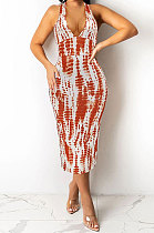 Orange Euramerican Women Fashion Printing Halter Neck Backless Sexy Long Dress WME20756