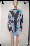 Blue Wholesal Tie Dye Printing Long Sleeve Round Neck Not With Belt Loose Mini Dress A8591-4