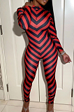 Red Fashion Positioning Stripe Printing Long Sleeve Round Neck Slim Fitting Bodycon Jumpsuits YG1061-1