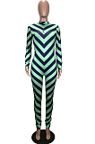 Green Fashion Positioning Stripe Printing Long Sleeve Round Neck Slim Fitting Bodycon Jumpsuits YG1061-3