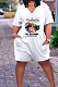 White Casual Lips Printing Short Sleeve V Neck With Pocket Loose Romper Shorts CYY00021-3