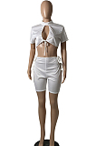 Gray Night Club Sexy Short Sleeve Round Collar Dew Bust Bandage Blouse High Waist Shorts Solid Color Two-Piece YFS10012-4
