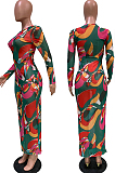 Green Printing Fashion Women Long Sleeve Round Collar Mesh See-Through Bodycon Dress BBN191-3
