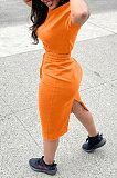 Orange Women Pure Color Short Sleeve Round Neck Bandage Split Skirts Sets QMQ7061-2