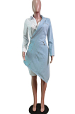 White Fashion Jean Spliced Long Sleeve Lapel Neck Button Shirt Dress WY6840 