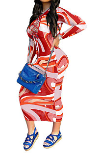 Red Women Mesh Spaghetti Printing Bandage Hollow Out Midi Dress XQ1144-2