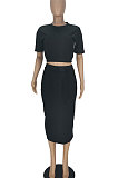 Black Women Pure Color Short Sleeve Round Neck Bandage Split Skirts Sets QMQ7061-1