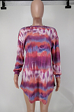 Pink Wholesal Tie Dye Printing Long Sleeve Round Neck Not With Belt Loose Mini Dress A8591-1