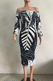 Red Fashion Printing Long Sleeve A Wrod Shoulder Collcet Waist Long Dress A8241-3